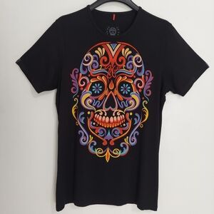 ¡Ay Güey! Men’s Black T-Shirt Colorful Sugar Skull Graphic Size L - Mexico Art